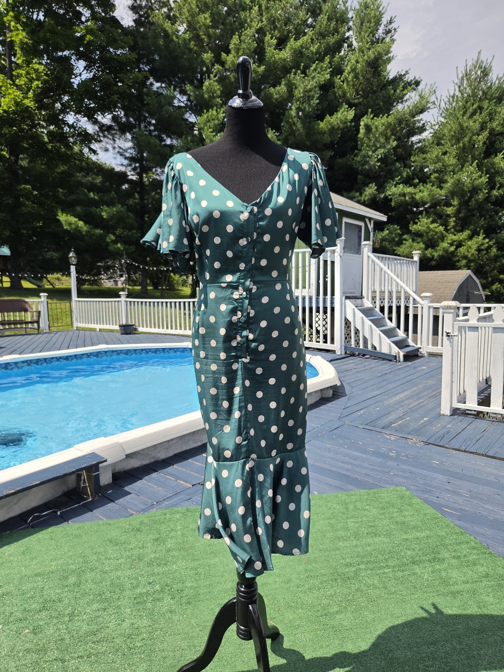 Green Polka Dot Midi Dress with Button Front and Ruffle Hem